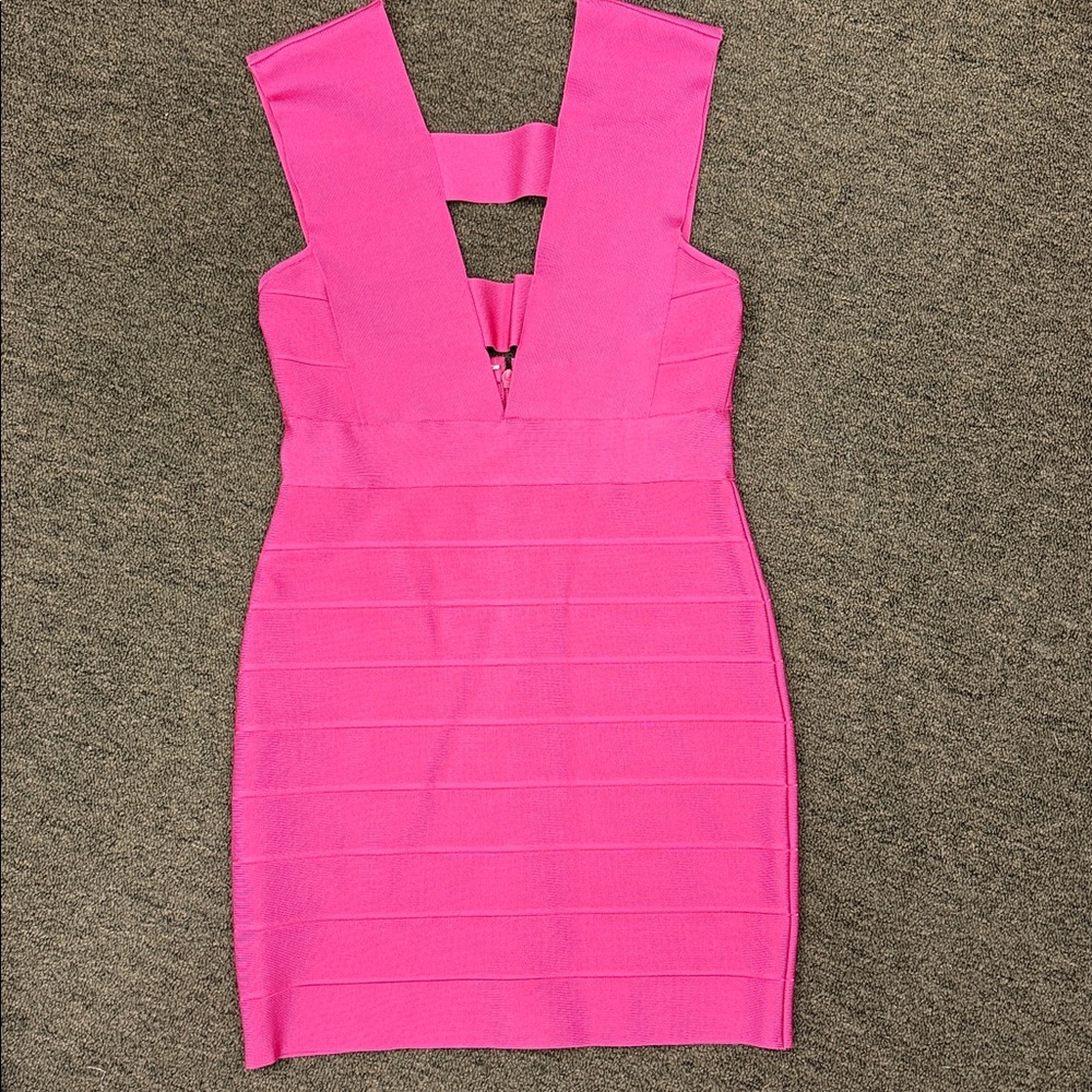 HERVE LEGER DEEP V STRAPPY ICON DRESS Hot Pink NWT - Picture 8 of 11